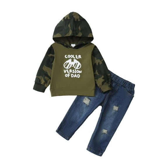 KIMI BEAR Infant Baby Boys Pant Sets 3-4T Baby Boys Clothes Fall Camouflage Long Sleeves Hooded Tops Ripped Denim Pants 2pcs Outfits Army Green