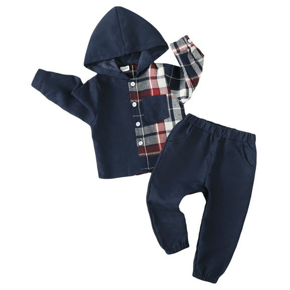 KIMI BEAR Infant Baby Boys Pant Sets Fall-winter Plaid Long Sleeves Hooded Top Solid Color Pants 2pcs Outfits Autumn Blue 12-18 Months