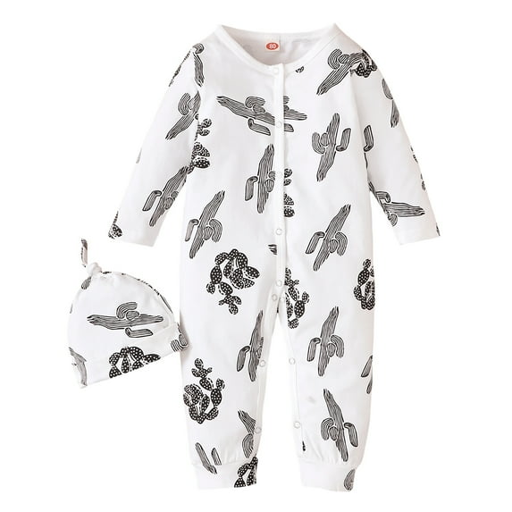 KIMI BEAR Infant Baby Boys Romper 12-18 Months Round Neck Long Sleeves Bodysuits Fall Winter Cactus Print One-piece Jumpsuits White