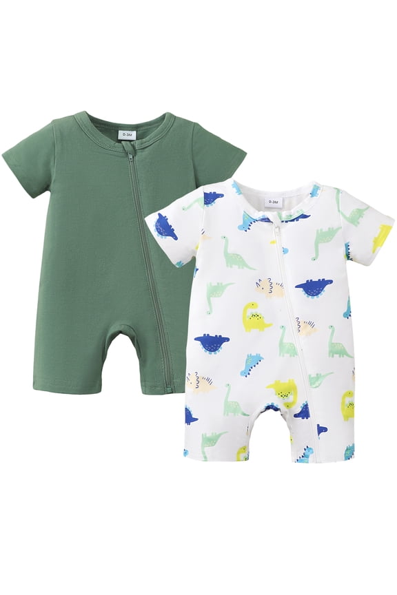 Infant Baby Boys Romper 12-18 Months Summer Clothes 2 Packs Short Sleeves Zipper One-piece Overalls Dinosaur Print Solid Color Clothing 2pcs Multicolor