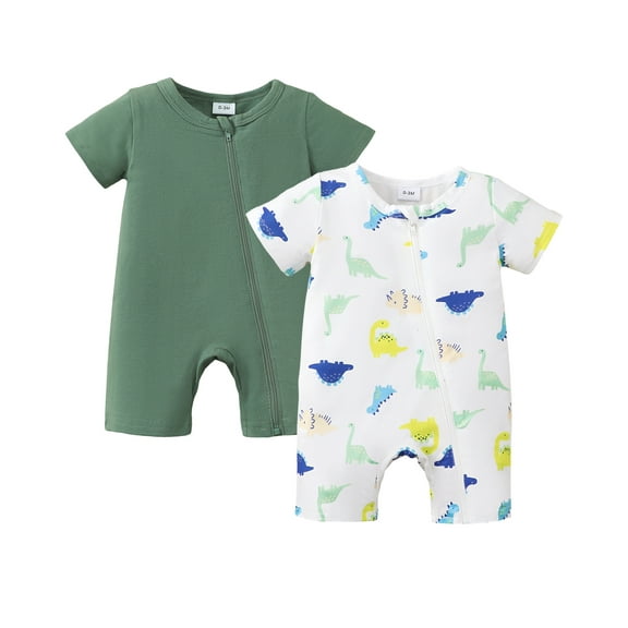 KIMI BEAR Infant Baby Boys Romper 12-18 Months Summer Clothes 2 Packs Short Sleeves Zipper One-piece Overalls Dinosaur Print Solid Color Clothing 2pcs Multicolor