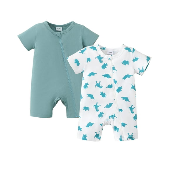 KIMI BEAR Infant Baby Boys Romper 12-18 Months Summer Clothes 2 Packs Short Sleeves Zipper One-piece Overalls Dinosaur Print Solid Color Clothing 2pcs Green