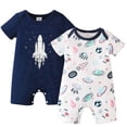 thumbnail image 1 of KIMI BEAR Infant Baby Boys Romper 18-24 Months Summer Clothing 2 Packs Short Sleeves Bodysuit Rockets Print One Piece Jumpsuits Clothes Multicolor, 1 of 9