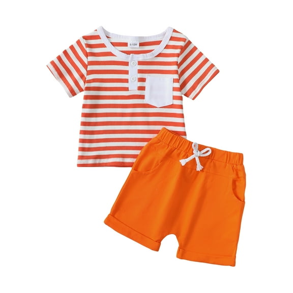 KIMI BEAR Infant Baby Boys Short Sets Striped Short Sleeves Shirt Tops Solid Color Shorts 2pcs Baby Boys Ourfits Summer Orange 12-18 Months