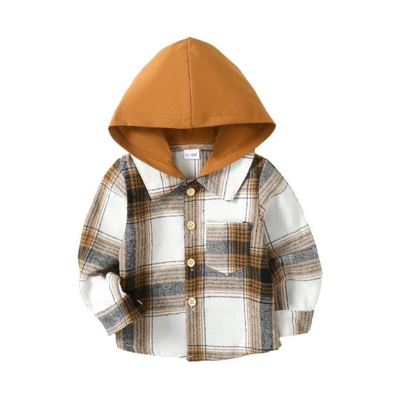 KIMI BEAR Infant Baby Boys Tops Plaid Long Sleeves Hooded Tops Shirt Tops Baby Boys Clothes Fall Brown 12-18 Months