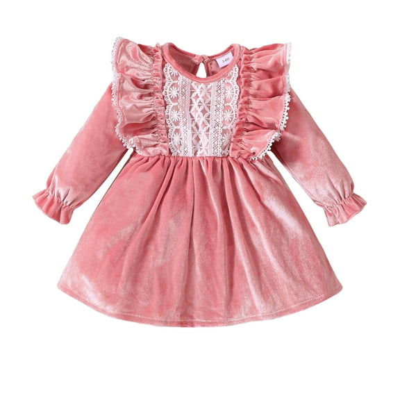 KIMI BEAR Infant Baby Dress Fall-winter Ruffle Long Sleeves A-Line Dress Autumn Round Neck One-piece Pink 18-24 Months