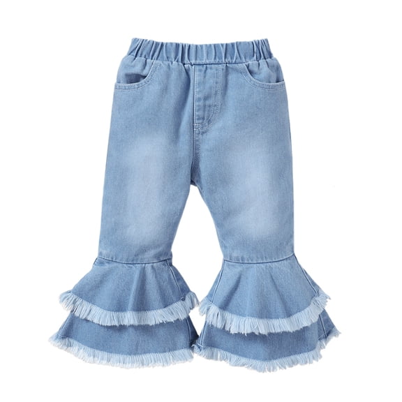 KIMI BEAR Infant Baby Girl Denim Pants 18-24 Months Flared Denim Pants Tassel Jeans Fall Winter Blue