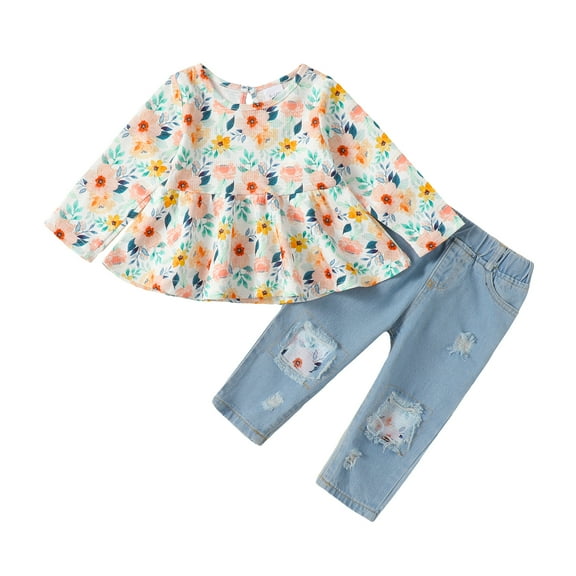 KIMI BEAR Infant Baby Girl Outfits 12-18 Months Fall Long Sleeve Floral Shirt Top Ripped Denim Pants 2PCS Pant Sets Multicolor