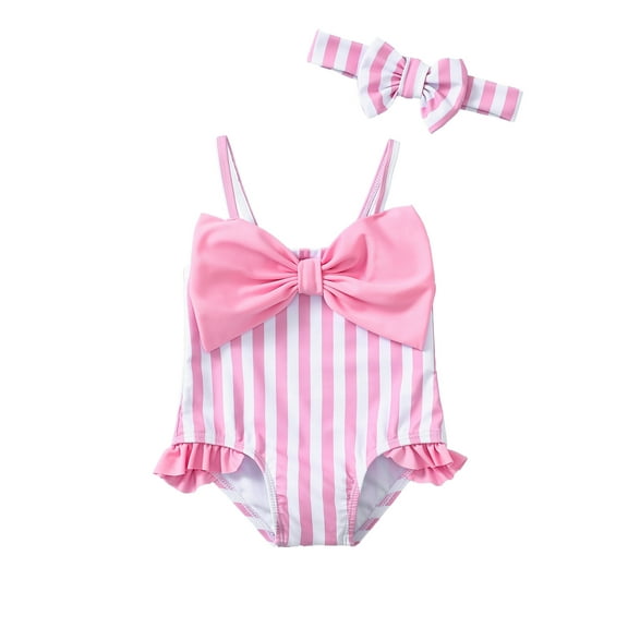 KIMI BEAR Infant Baby Girls One-piece Swimsuit 12-18 Months Summer Bathing Suits Sleeveless Off-the-shoulder Beach Wear Adjustable Strap Swimwear Bow Tie Bikini Tankini with Headband 2pcs Pink