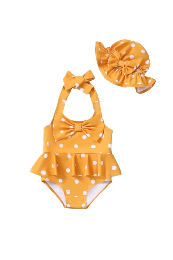 Infant Baby Girls One-piece Swimsuits 12-18 Months Summer Bathing Suits Off the Shoulder Sleeveless Halter Bow Dots Beach Wear Holiday Rash Guard with Headband 2pcs Yellow