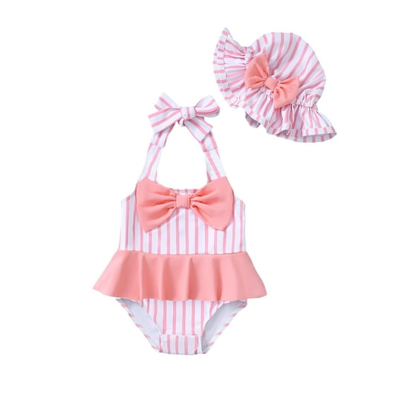 KIMI BEAR Infant Baby Girls One-piece Swimsuits 12-18 Months Summer Bathing Suits Off the Shoulder Sleeveless Halter Bow Striped Beach Wear Holiday Rash Guard with Headband 2pcs Pink