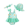 thumbnail image 1 of KIMI BEAR Infant Baby Girls One-piece Swimsuits 12-18 Months Summer Beach Wear Sleeveless Bowknot Bathing Suit Ruffle Daisy Print Swim Clothing with Hat and Headband 3pcs Green, 1 of 8
