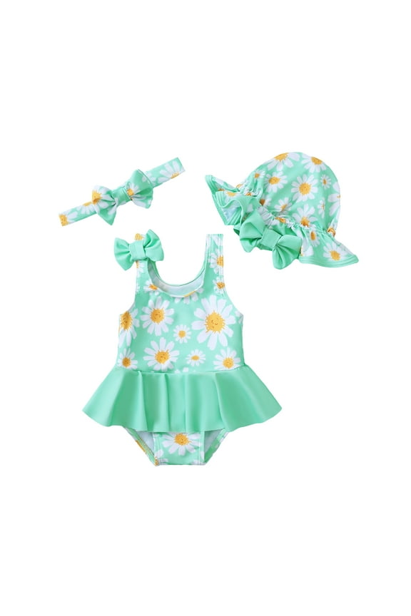 Infant Baby Girls One-piece Swimsuits 12-18 Months Summer Beach Wear Sleeveless Bowknot Bathing Suit Ruffle Daisy Print Swim Clothing with Hat and Headband 3pcs Green