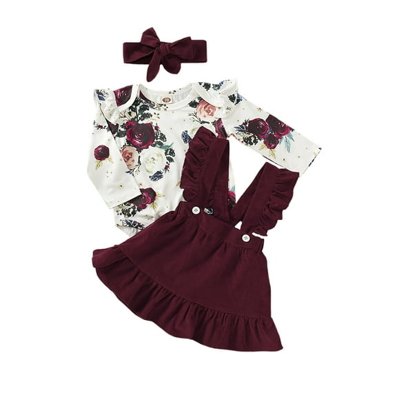 KIMI BEAR Infant Baby Girls Outfit Sets Floral Long Sleeves Top Suspender Dress with Headband 3pcs Baby Girls Clothes Fall Red 12-18 Months