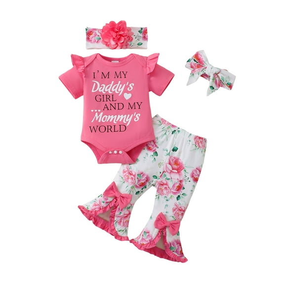 KIMI BEAR Infant Baby Girls Outfits 12-18 Months Summer Clothes Set Ruffle Short Sleeves Letter Print Romper Top Floral Flared Pants Sets with 2pcs Headbands 4pcs Pink