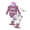 thumbnail image 1 of KIMI BEAR Infant Baby Girls Outfits 12-18 Months Winter Clothes Set Ruffle Long Sleeves Knitted Romper Letter Print Bodysuit Top Floral Pants Bowknots Flared Pants Sets with Headbands 4Pcs Purple, 1 of 10