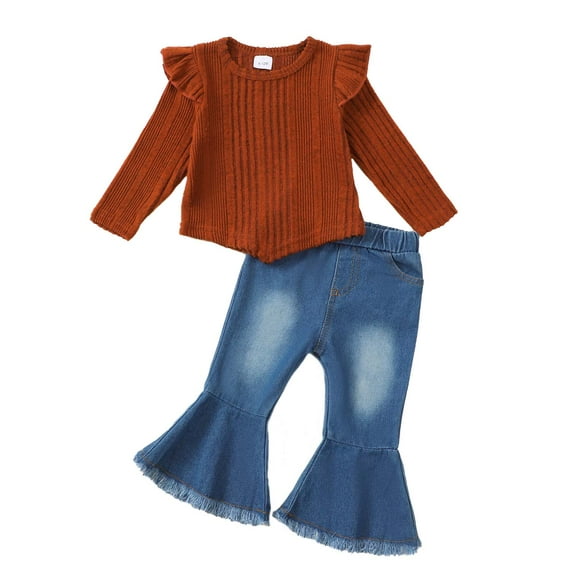 KIMI BEAR Infant Baby Girls Outfits 12-18 Months Winter Warm Clothes Sets Ruffle Long Sleeves Knit Top Solid Color Pullover Top Flared Denim Pants Jeans 2pcs Sets Brown