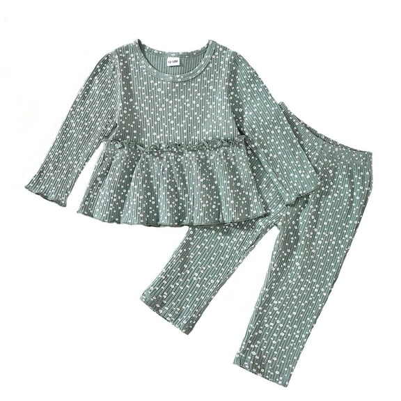 KIMI BEAR Infant Baby Girls Outfits 18-24 Months Spring Clothes Sets Long Sleeves Pullover Top Knit T-shirt Classic Dots Print Pants Sets 2PCS Green
