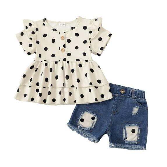 KIMI BEAR Infant Baby Girls Outfits Sets 18-24 Months Summer Clothes Sets Ruffle Short Sleeves Top Classic Dots T-shirt Ripped Denim Shorts Sets 2PCs Apricot