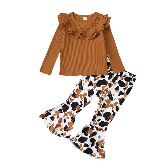 KIMI BEAR Infant Baby Girls Pant Sets 12-18 Months Fall Winter Outfits Ruffle Long Sleeves Knit Top Leopard Flare Pants 2pcs Girls Clothing Sets Brown