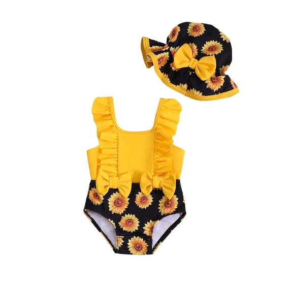 KIMI BEAR Infant Baby Girls Summer One-piece Swimsuits 18-24 Months Ruffle Sleeveless Backless Bathing Suits Color Block Floral Rash Guard Beach Wear with Hat 2PCS Yellow