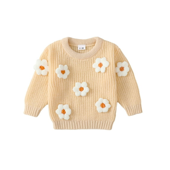 KIMI BEAR Infant Baby Girls Sweaters 2-3T Baby Girls Pullover Sweaters Flower Long Sleeves Pullover Warm Clothes Beige 18-24 Months