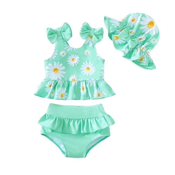 KIMI BEAR Infant Baby Girls Swimsuit Sets 18-24 Months Sleeveless Bows Off the Shoulder Top Floral Tank Top Solid Color Ruffle Shorts with Hat 3pcs Bathing Sets Green
