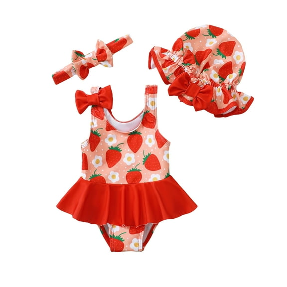 KIMI BEAR Infant Baby Girls Swimsuits 12-18 Months Sleeveless Strawberry Print One-piece Swimsuit Bowknot Bathing Suit with Hat + Headband 3pcs Rash Guard Swimsuit Red