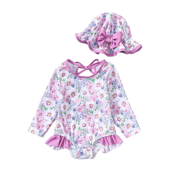 KIMI BEAR Infant Baby Girls Swimsuits Floral Long Sleeves Rash Guard Swimwear Hat Bathing Suit Set Purple 18-24 Months
