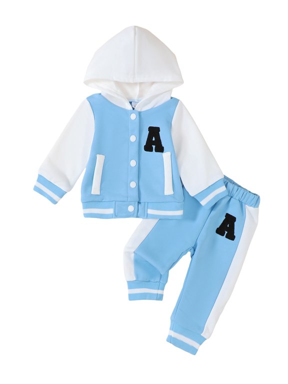 Infant Baby Girls Winter Clothes 18-24 Months Warm Outfit Sets Long Sleeves Baseball Jacket School Varsity Uniform Casual Coat Color Block Pants Set 2pcs Clothing Blue