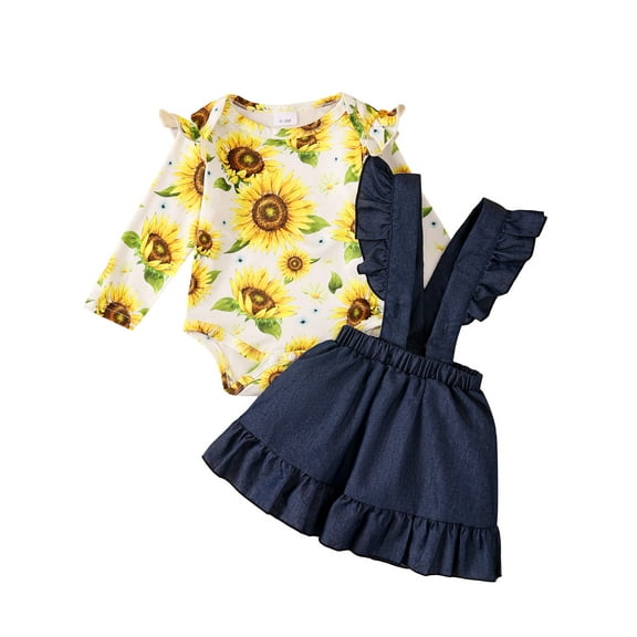 KIMI BEAR Infant Baby Girls Winter Outfits 12-18 Months Baby Girls Skirt Sets Ruffle Long Sleeves Romper Sunflower Floral Pullover Top Suspender Skirt with Headband 3pcs Clothing Sets Yellow