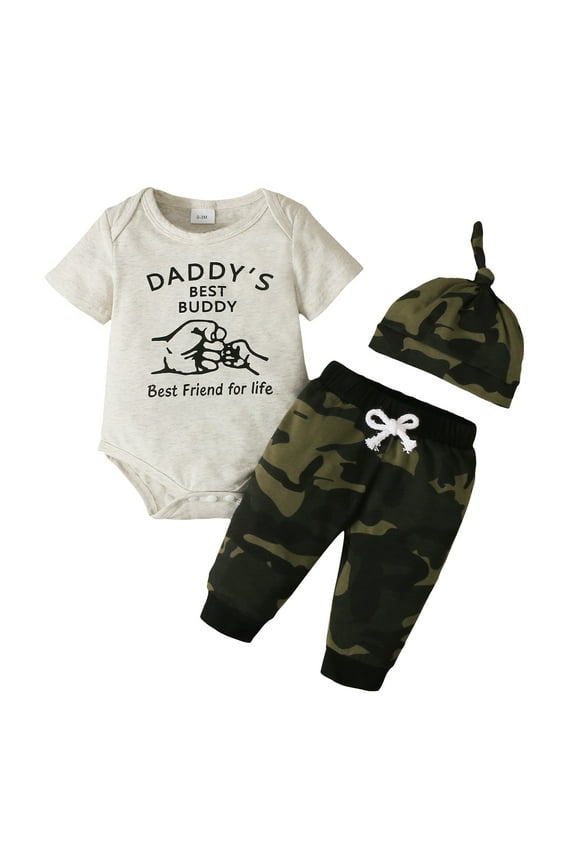 Infant Boys Outfits 12 Months Infant Boy Spring Summer Outfits 18 Months Infant Boy Daddy's Best Buddy Letter Short Sleeve Cozy Romper Tops + Camouflage Pants + Hat 3PCS Set Yellow