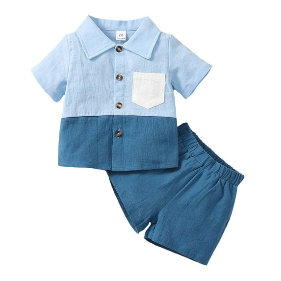 KIMI BEAR Infant Boys Outfits Set 12 Months Infant Boy Spring Summer Outfits 18 Months 100% Cotton Contrast Color Short Sleeve Lapel Shirt + Elastic Shorts 2PCS Set Blue