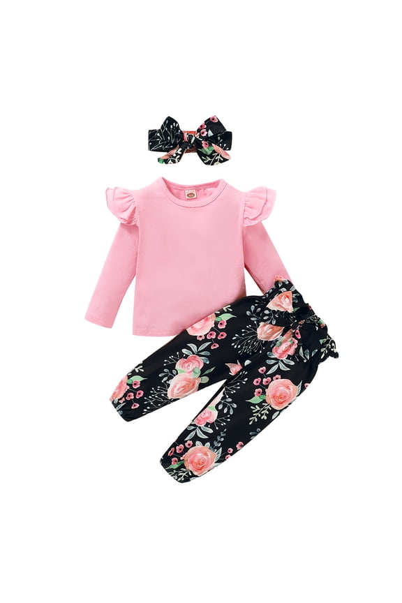 Infant Girls Outfits 18 Months Infant Girls Autumn Winter Outfits 24 Months Infant Girls Casual Solid Color Long Sleeve T-shirt + Rose Print Pants + Headband 3PCs Set Pink
