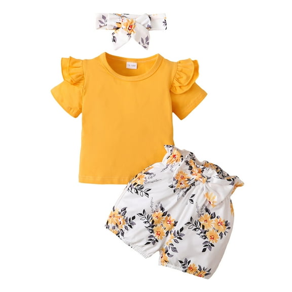 KIMI BEAR Infant Girls Outfits 18 Months Infant Girl Spring Summer Outfits 24 Months Infant Girl Pure Color Pit Stripe Short Sleeve Tops   Heart Prints Shorts 2PCS Set Yellow