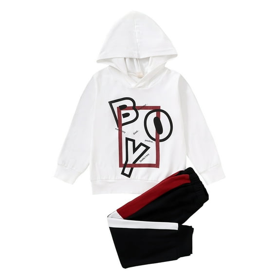 KIMI BEAR Little Boys Outfits 5T Little Boy Autumn Winter Outfits 6T Little Boy Casual BOY Letter Print Hooded Long Sleeve Hoodie + Pants 2PCs Set White