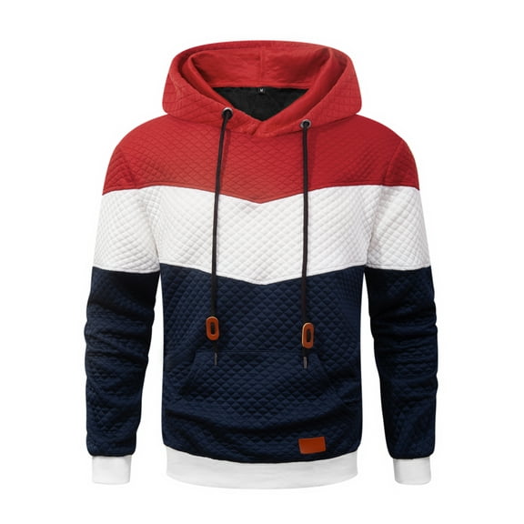 KIMI BEAR Men's Hoodie Sweatshirt Top Mens Winter Warm Clothing Long Sleeves Drawstring Hooded Color Block Pullover Hoodies Waffle Knit Patchwork Casual Hoodie with Pockets Red 2X-Large
