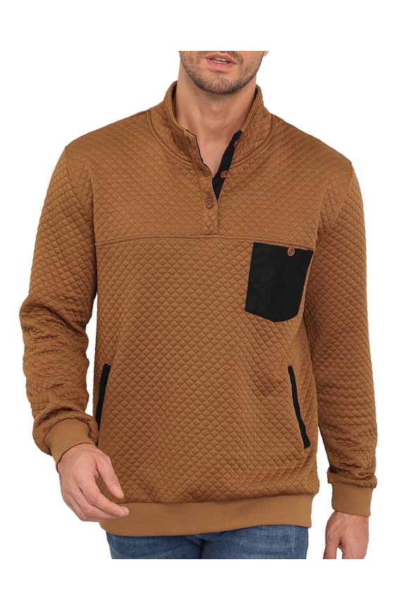 Men's Quilted Sweatshirt Casual Long Sleeve Outdoor Stand Collar Button Pullover Sweatshirts with 3 Pockets Quilted Jacket Henley Waffle Knit Men Winter Warm Clothes Brown X-Large
