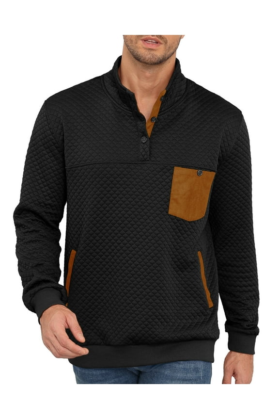 Men's Quilted Sweatshirt Casual Long Sleeve Outdoor Stand Collar Button Pullover Sweatshirts with 3 Pockets Quilted Jacket Henley Waffle Knit Men Winter Warm Clothes Black 3X-Large