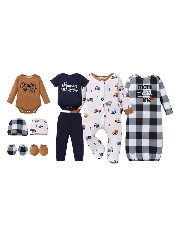 Newborn Baby Boy Layette Set 0-3 Months Shower Gift Essential Clothes 4 Packs Rompers Pants Sleeper Gown with Hats Mittens Outfits Set Essentials Clothing Multicolor