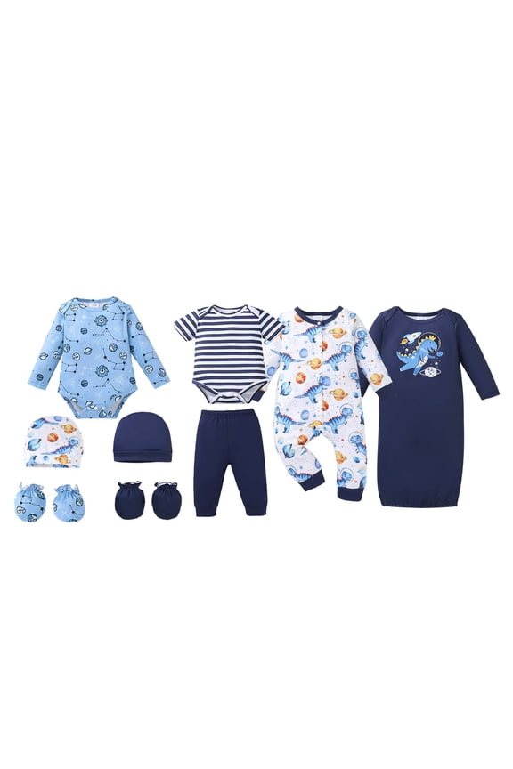 Newborn Baby Boy Layette Set 3-6 Months Shower Gift Essential Clothes 4 Packs Rompers Pants Sleeper Gown with Hats Mittens Outfits Set Essentials Clothing Blue