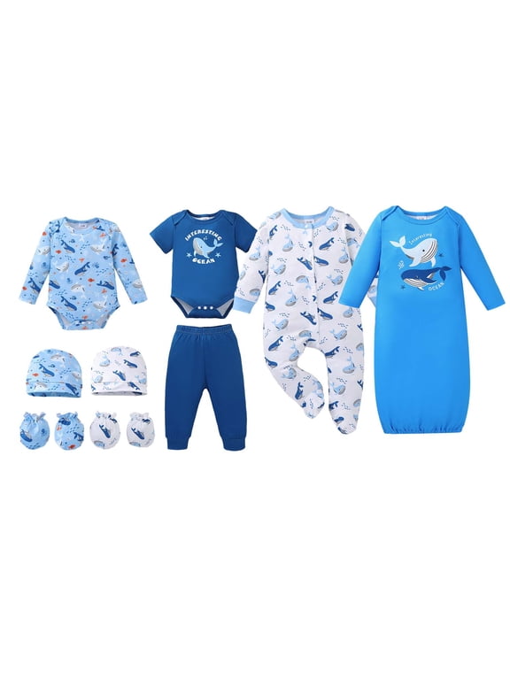 Newborn Baby Boy Layette Set 3-6 Months Shower Gift Essential Clothes 4 Packs Rompers Pants Sleeping Gown with Hats Mittens Outfits Set Essentials Clothing Blue