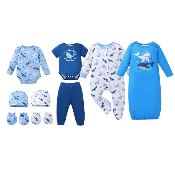 KIMI BEAR Newborn Baby Boy Layette Set Shower Gift Essential Clothes 4 Packs Rompers Pants Sleeping Gown with Hats Mittens Outfits Set Essentials Clothing Blue NB