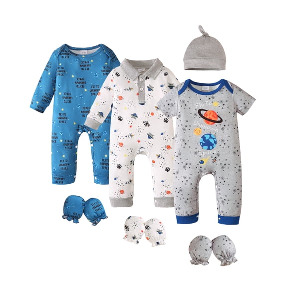 KIMI BEAR Newborn Baby Boy Romper 0-3 Months Clothes 3 Packs Birthday Gift Short Sleeves Long Sleeves Space Jumpsuit Bodysuit with Hat Mittens 7pcs Clothing Multicolor