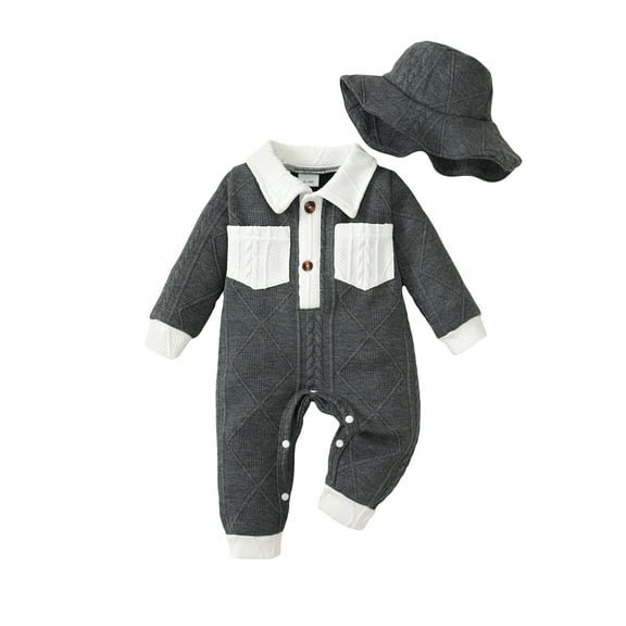 KIMI BEAR Newborn Baby Boys Bodysuits 0-3 Months Winter Warm Clothes Lapel Long Sleeves Romper Two Pockets Color Block Jumpsuits Twist Knit Overalls with Hat Gray