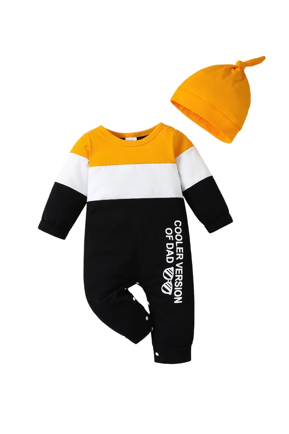 Newborn Baby Boys Bodysuits 0-3 Months Winter Warm Clothing Long Sleeves Romper Letter Print Jumpsuits Color Block One-piece with Hat 2pcs Yellow