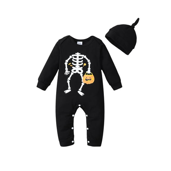 KIMI BEAR Newborn Baby Boys Bodysuits 3-6 Months Fall Winter Halloween Outfits Long Sleeves Romper Ghost Pumpkin Print Jumpsuit with Hat 2pcs Black