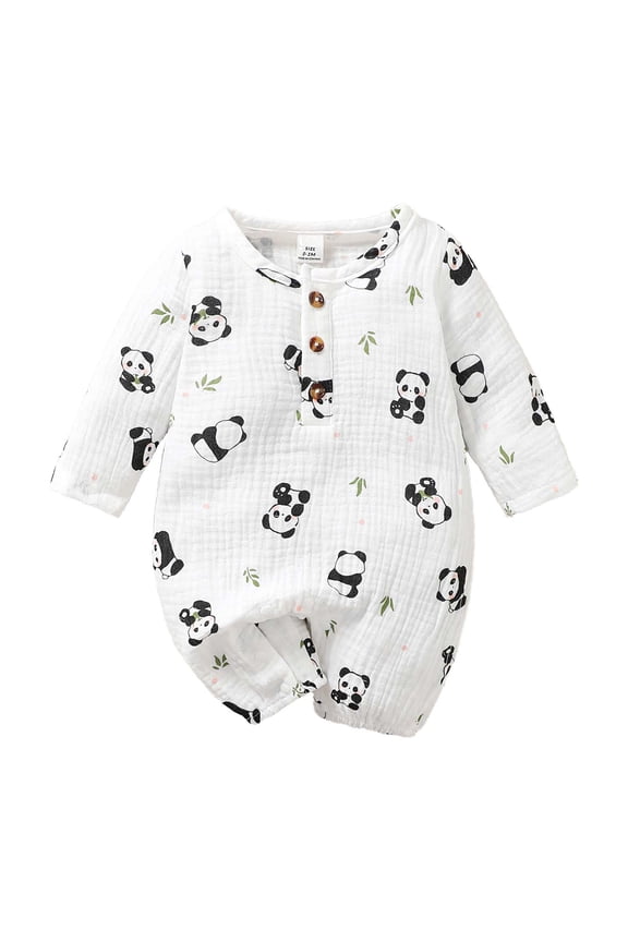 Newborn Baby Boys Bodysuits 3-6 Months Round Neck Long Sleeves Romper Fall Panda Print One-piece Autumn White