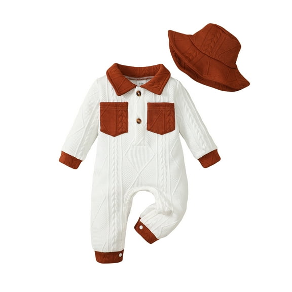 KIMI BEAR Newborn Baby Boys Bodysuits 6-12 Months Winter Warm Clothes Lapel Long Sleeves Romper Two Pockets Color Block Jumpsuits Twist Knit Overalls with Hat White