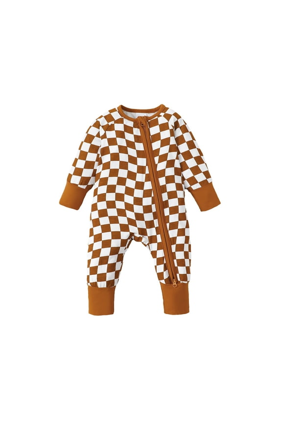 Newborn Baby Boys Bodysuits 6-9 Months Winter Warm Clothes Round Neck Long Sleeves Romper Checkboard Plaid Print Jumpsuit Zipper One-piece Brown